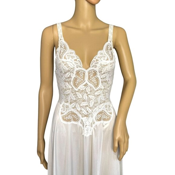 Olga Vintage 91060 Nylon/Spandex Elegant White/Ivory Lace & Satin Sleeveless Nig - Picture 5 of 11